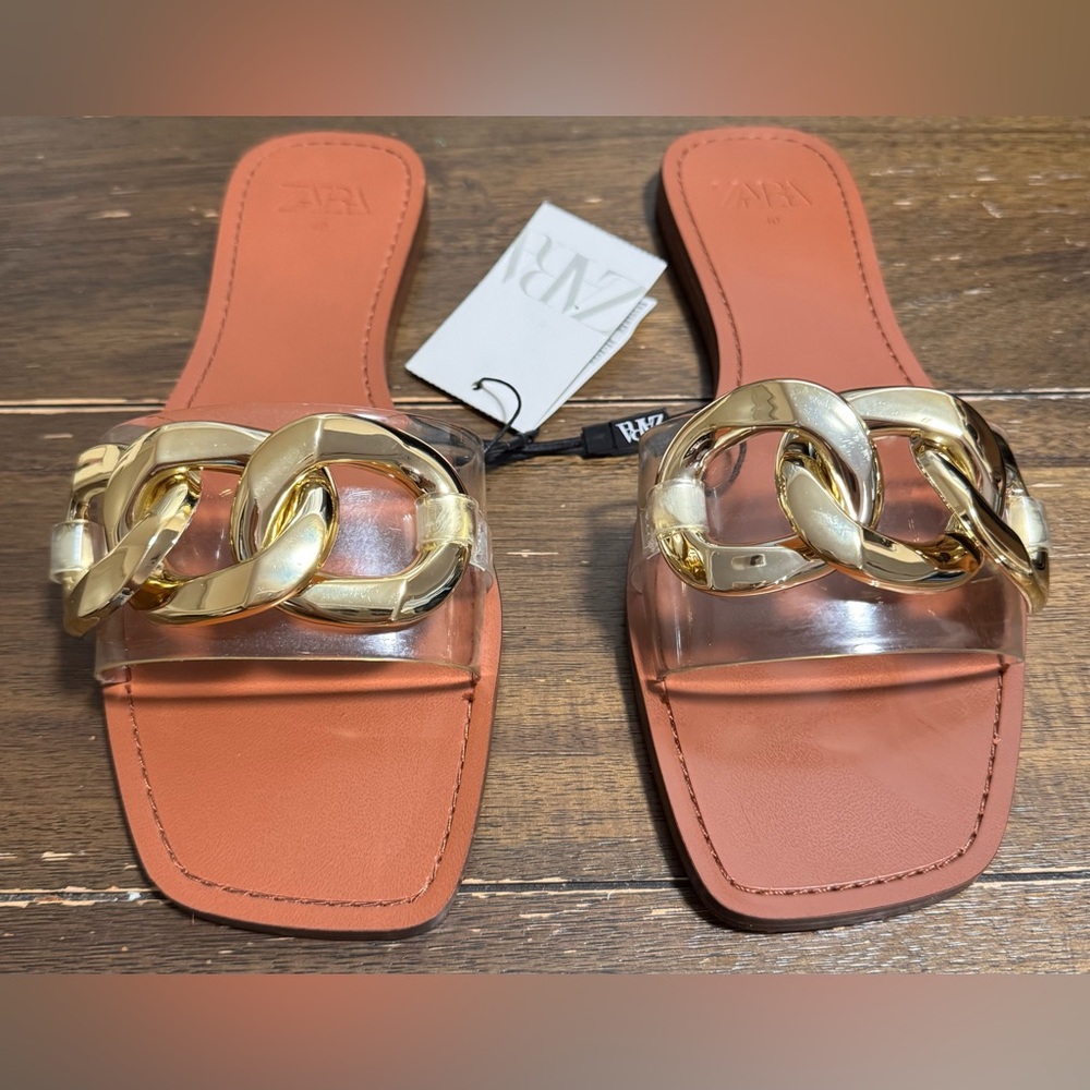 Zara Gold Chain Link Flat Sandals size 9 - Picture 2 of 10
